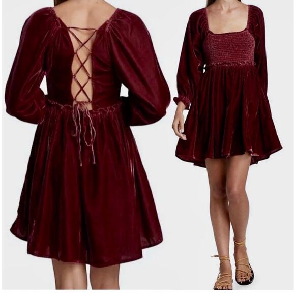 Free People Women Small Daphne Velvet Sleeve Mini Dress Roan Rouge Boho Western - Picture 1 of 12